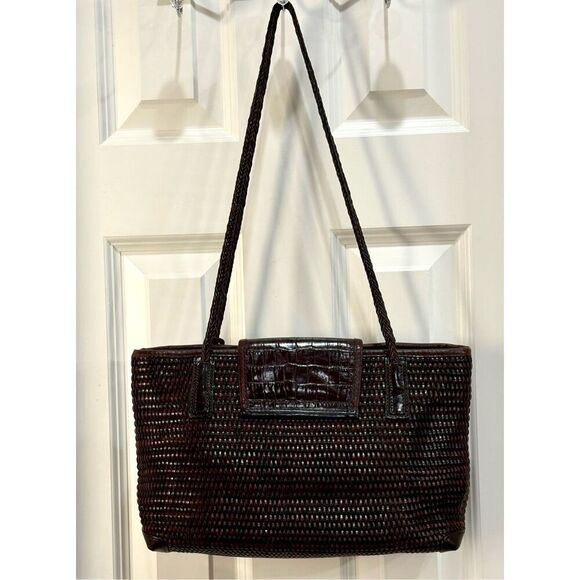 BRIGHTON - Vtg Two-Tone Brown Woven Leather Shoulder Bag/Croc-Embossed Closure - Picture 2 of 16